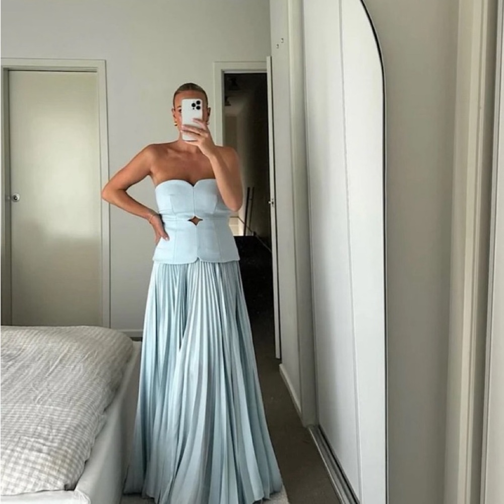 Acler Light Blue Strapless Pleated Maxi Dress - Picture 3 of 12